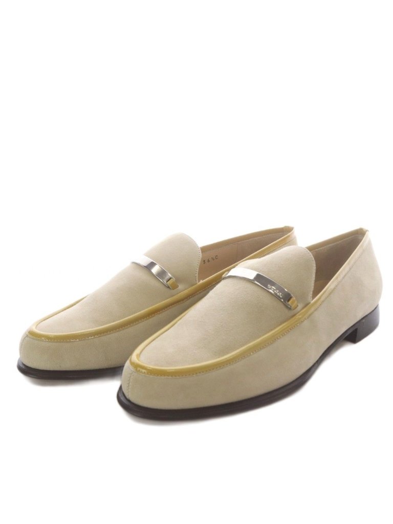 Gucci Loafers Slip On Logo Plate Suede Beige
